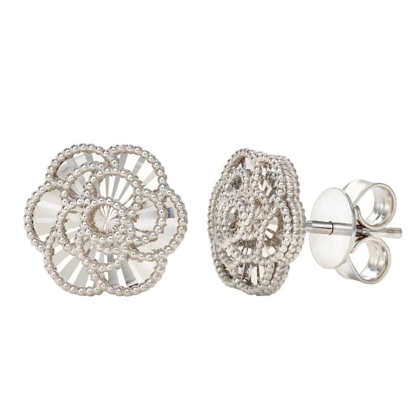 Diamond Cut Textured Flower Stud Earrings in White Gold Q1493