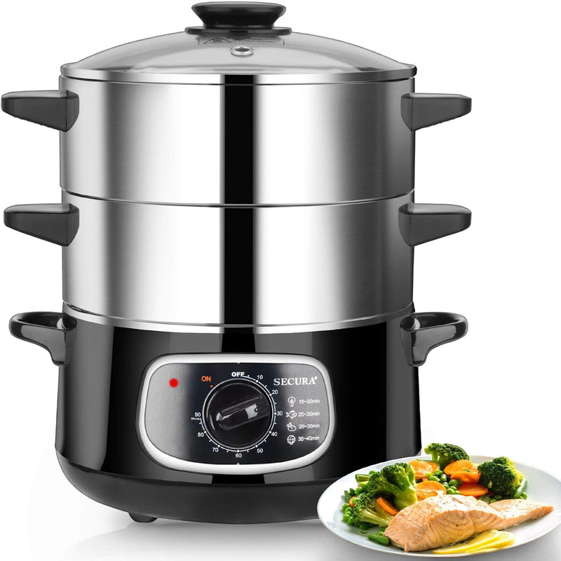 2 stainless steel food steamers, 8.5 liters capacity, electric glass-covered vegetable steamer, double-layer stackable steaming basket, with timer included S9565