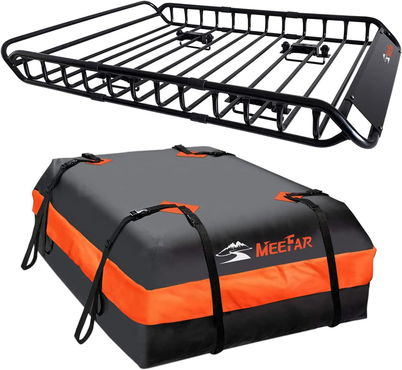 Roof Rack Carrier Basket Universal Rooftop 51" X 36" X 5" Waterproof Bag 15 Cubic Feet (44" 34" 17"), and Cargo Net with Attachment Hooks, Ratchet Straps Q6202