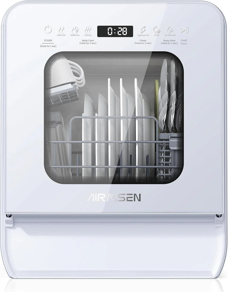 Desktop dishwasher set, double-layer shelf design, portable dishwasher, built-in 5-liter water tank, 3 spray arms, 12-hour delay start, no need to connect power supply, white model I8365