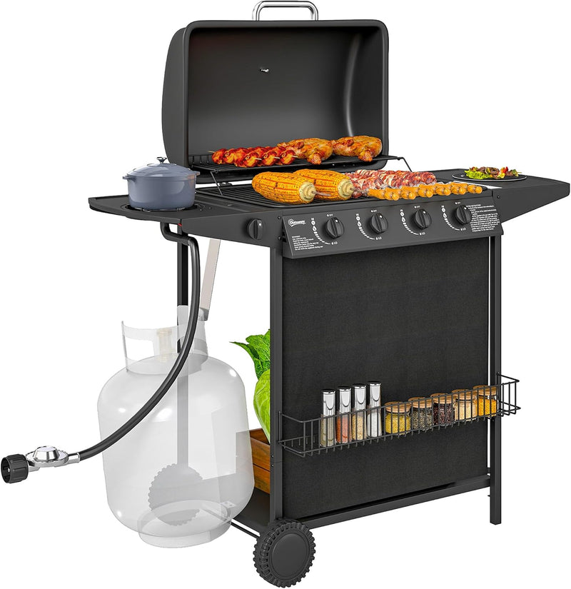 4 1 Burner Propane Gas BBQ Grill, Portable Gas Barbecue Grill with Side Burner, Thermometer, Lid, Side Table, Shelf, Spice Rack, Wheels, Grease Cup for Garden, Black J7618