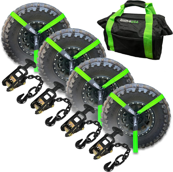Car Tie Down Straps for Trailers with Flat Hooks (4-Pack) - 2 Inch x 8 Feet (10,000lb Break Strength) - Heavy Duty T-Handle Car Lasso Tire Straps for Trailer & UTV - Black Q961