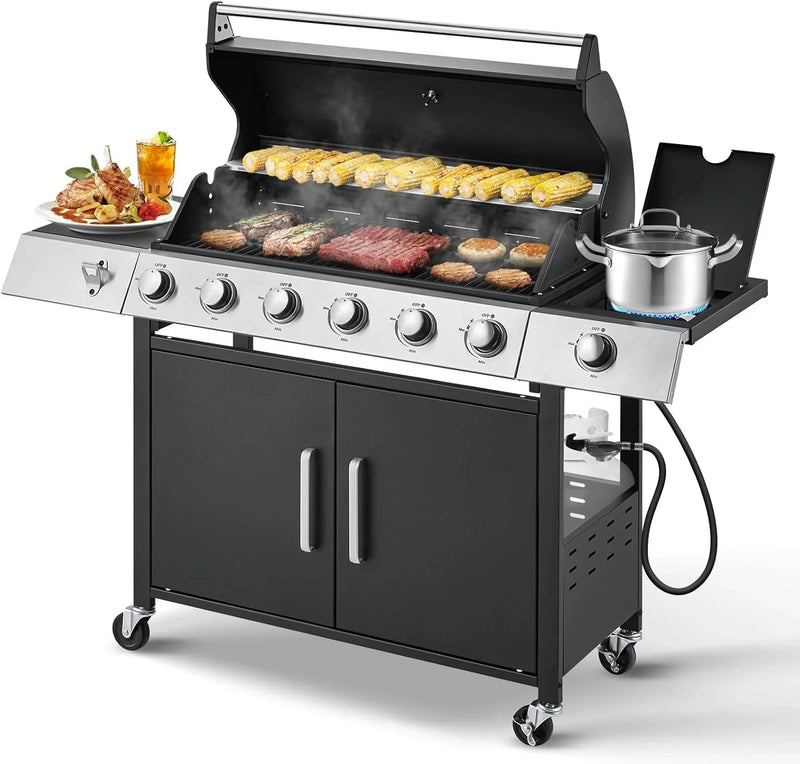 Upgraded 4 Burner BBQ Propane Gas Grill with Cast Iron Grates & Side Stove, 44,000 BTU Stainless Steel Burner Barbecue Grill for Patio, Camping, Outdoor Cooking MELLCOM E7472