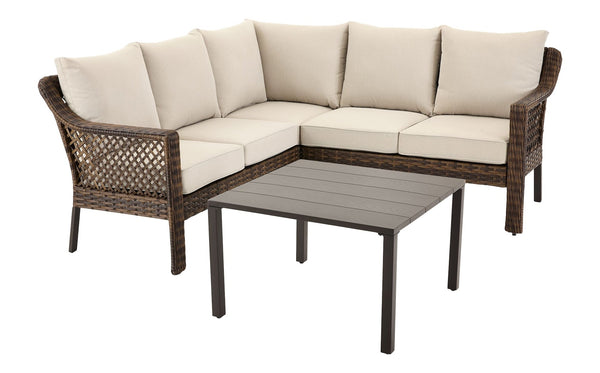 Bracebridge All-Weather Wicker Outdoor Patio Sectional with Woodgrain Steel Table Top, Brown, 3-pc W5455