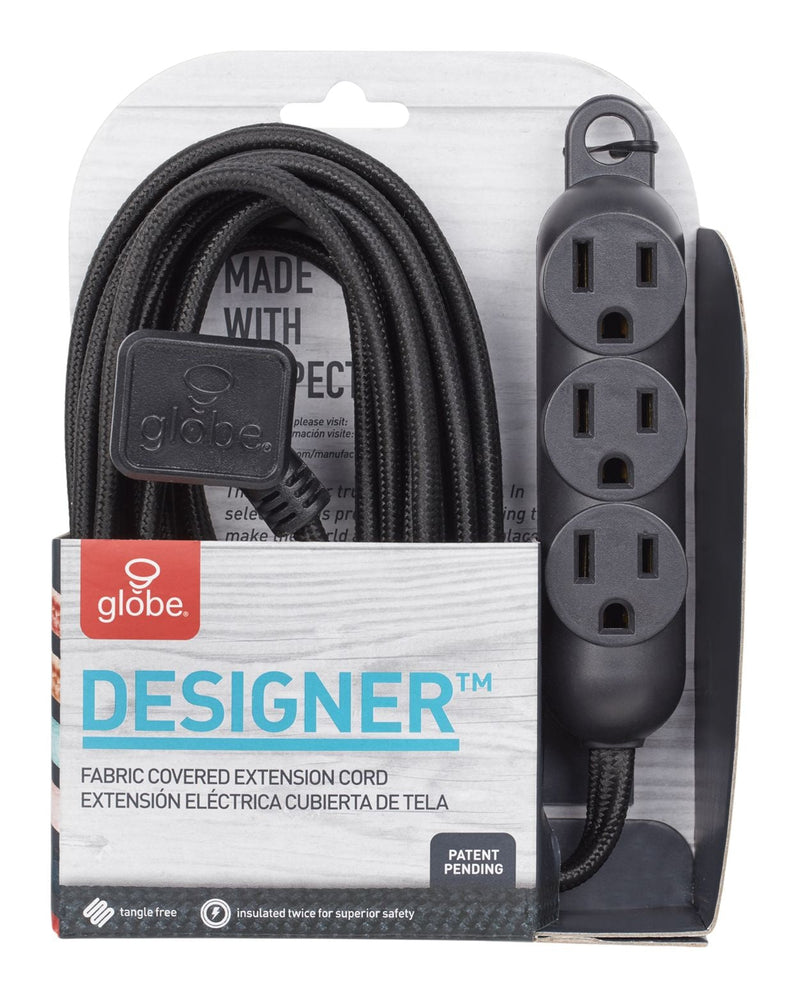 12-ft 16/3 Fabric Extension Cord, Right Angle Plug, 3 Outlets, Black H3775