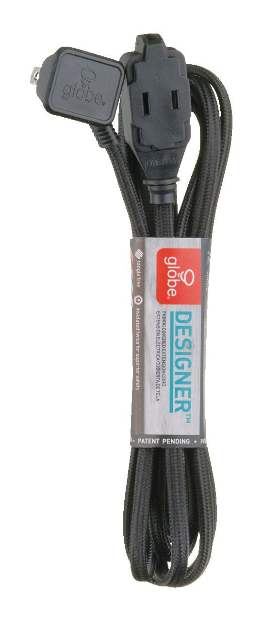 9-ft 16/2 Fabric Extension Cord, Right Angle Plug, 3 Outlets, Black T9853