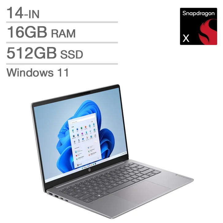 HP OmniBook 3 Next Gen AI Copilot+ PC 14-in Laptop, Snapdragon X X1-26-100 - 16GB RAM, 512GB SSD, Qualcomm Adreno Q6714