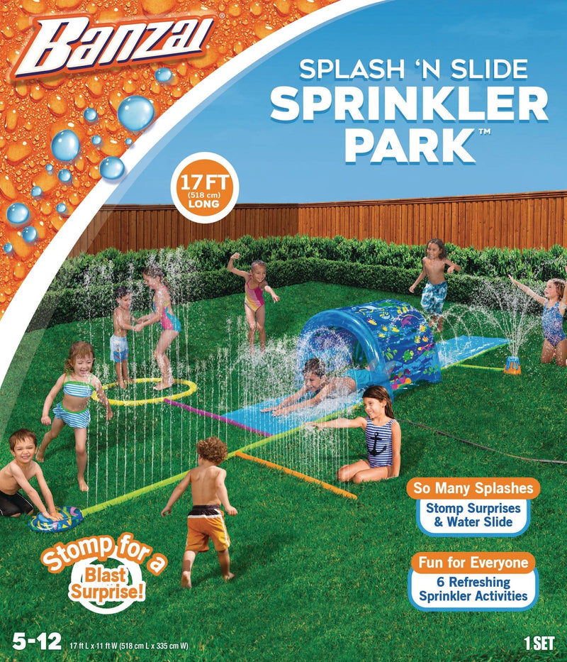 Inflatable Splash ‘N Slide Water Sprinkler Park, Blue, 17-ft, Ages 5+, for Beach/Pool Fun Activities A5299