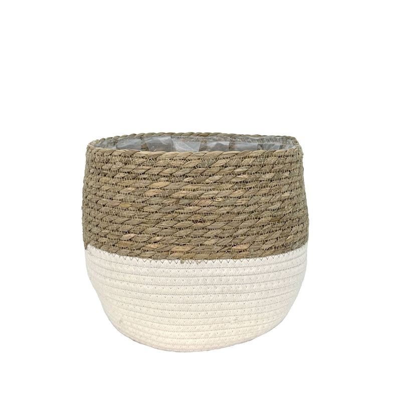 Lynne Weave Cotton Jute Round Basket Planter with Leaf-Proof Plastic Lining, 8-in J0375