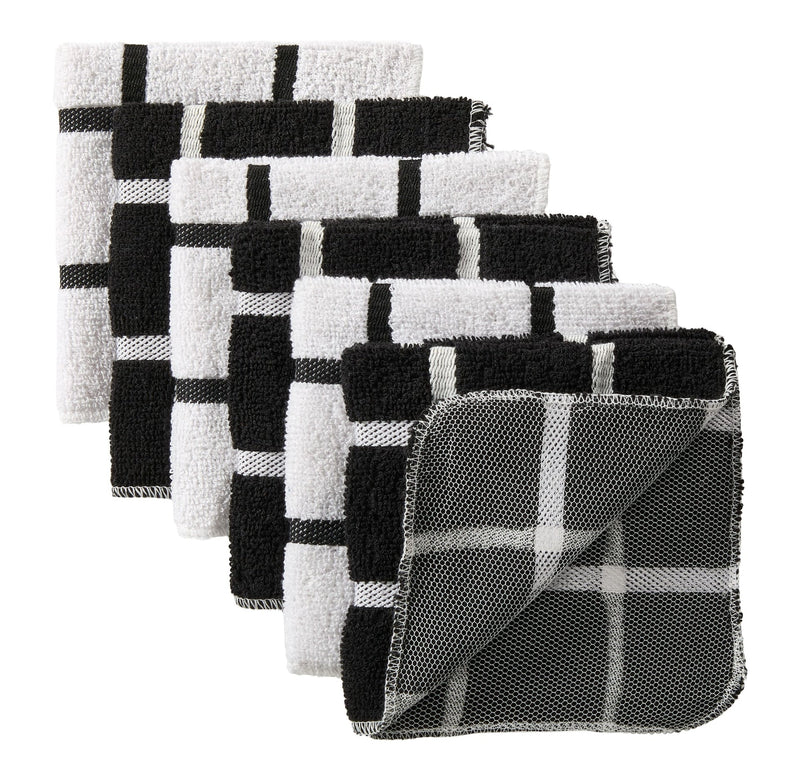 Terry Checkered Dish Cloths with Scrubber, Black, 6-pk E7623