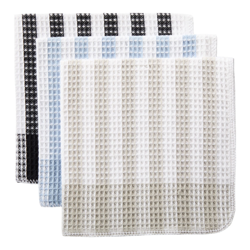 Waffle Checkered Cotton Dish Cloths, Black, Grey & Blue, 14-in, 12-pk Q9411