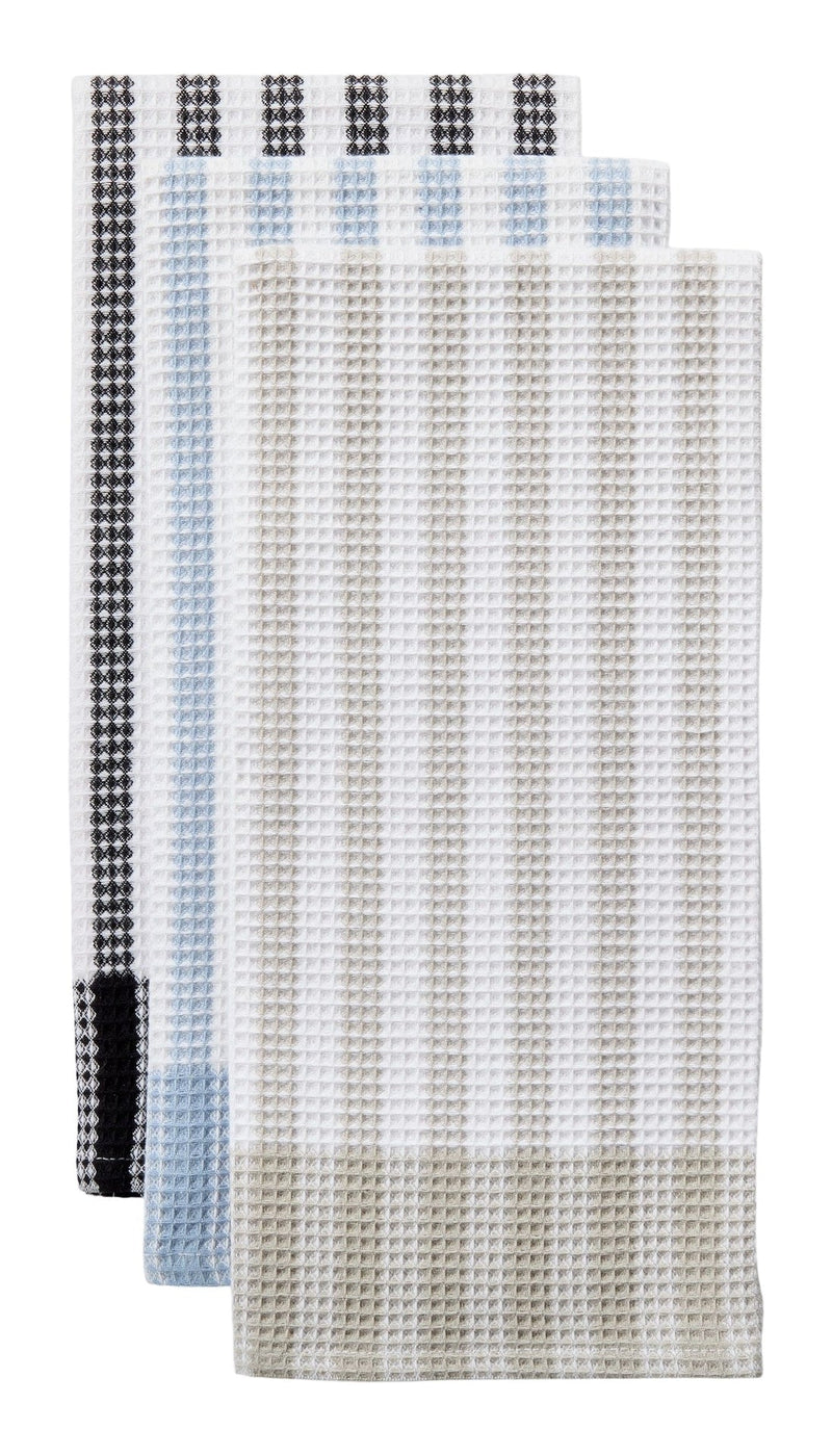 Waffle Checkered Cotton Kitchen Towels, Black/Grey/Blue, 20-in x 30-in, 6-pk X0609