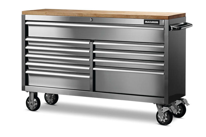 Butcher Block Top Rolling Tool Storage Cabinet with 10 Drawers, Stainless Steel, 56-in B1359