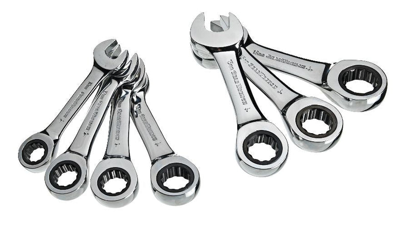 Stubby Ratcheting Wrench Set, Metric, Nickel-Chrome Plating, 7-pc Q5614