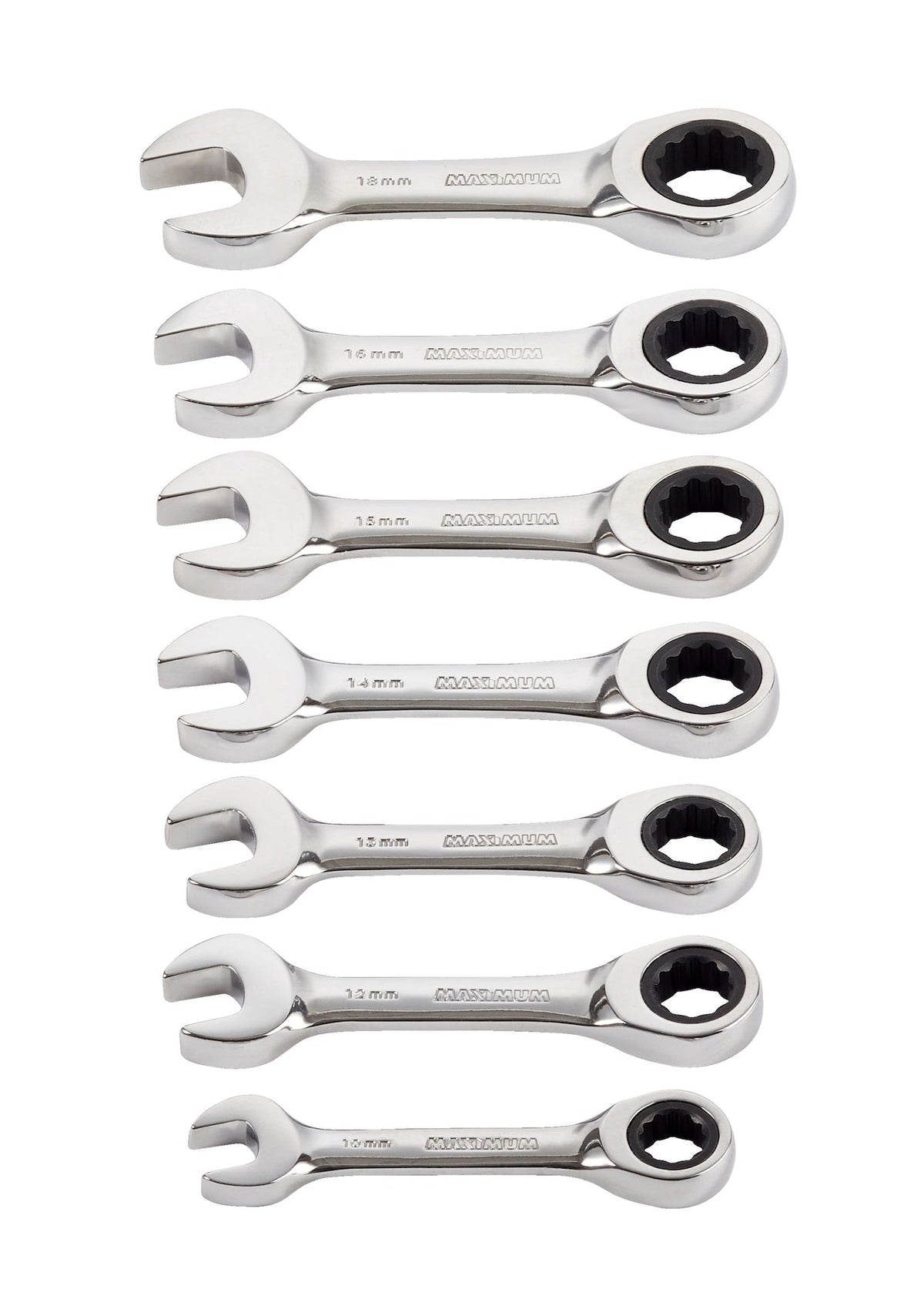 Stubby Ratcheting Wrench Set, Metric, Nickel-Chrome Plating, 7-pc