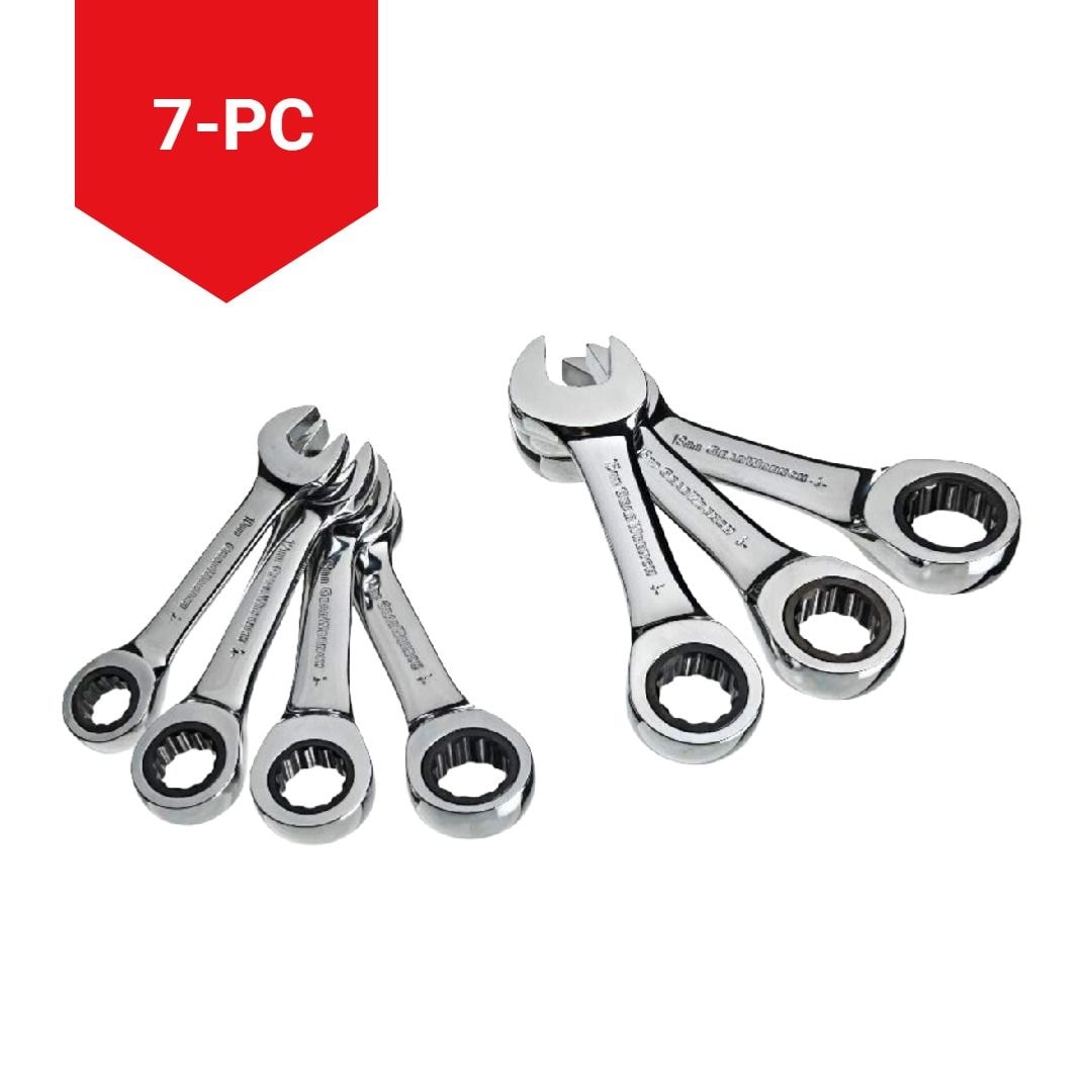 Stubby Ratcheting Wrench Set, Metric, Nickel-Chrome Plating, 7-pc