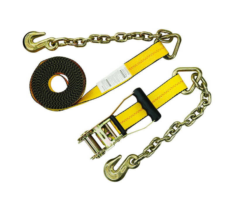 10,000-lb Commercial Ratchet Tie Down Strap, with 18-in Chain, 2-in x 27-ft F7302