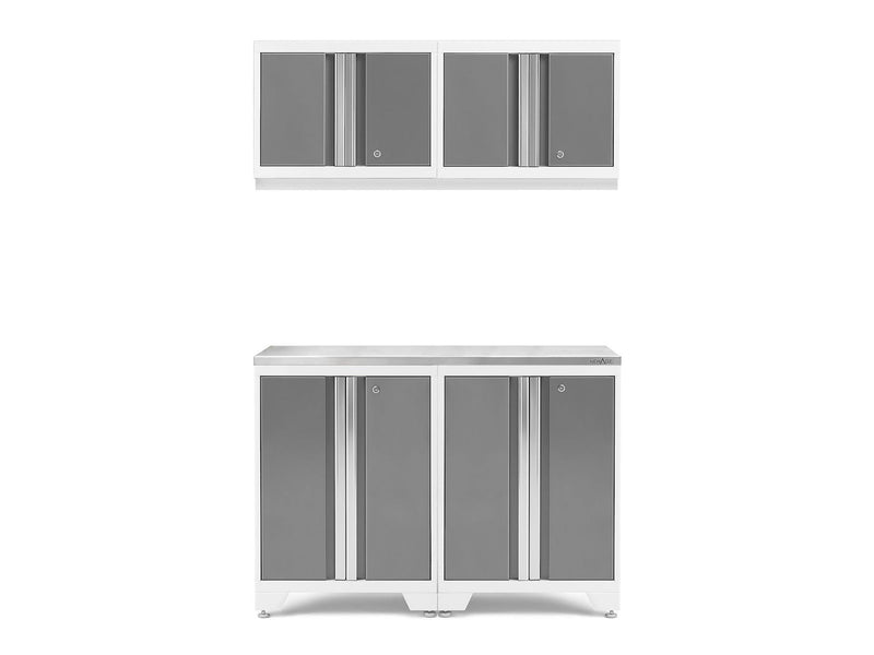 Bold 3.0 Series All-in-One Lockable Steel Garage Cabinetry Set with Stainless Steel Top, White/Platinum, 48-in x 18-in x 76.75-in, 5-pc V0852