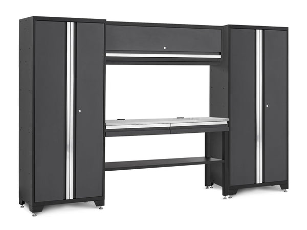 Bold 3.0 Series Lockable Steel Garage Cabinetry Set with Stainless Steel Top, Grey, 120-in x 18-in x 72-in, 5-pc R3921