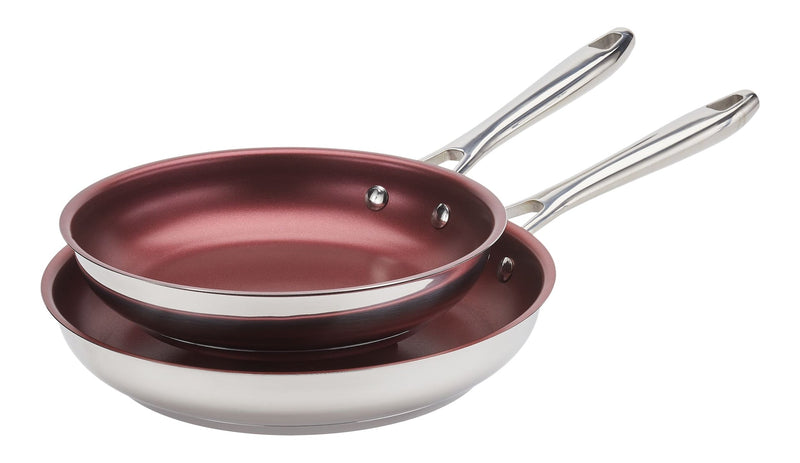Canadian Signature Stainless Steel Non-Stick Frying Pan, Dishwasher & Oven Safe, Burgundy, 24cm & 28cm, 2-pk T0096