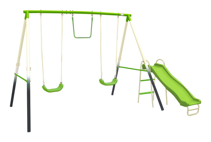 Outdoor 4-Station Metal Swing Set Combo with 2 Swings, Trapeze & Slide, Ages 3+ X8904