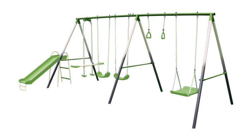 Outdoor 7-Station Metal Swing Set Combo with 2 Swings, Trapeze & More, Ages 3+ O7940