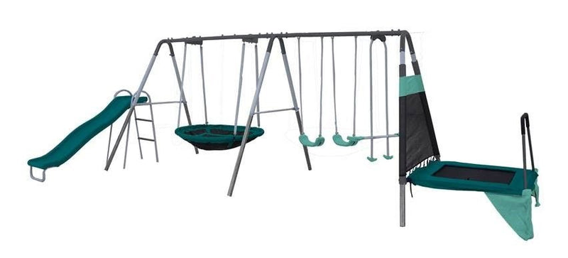 Outdoor Ravine Metal Swing Set Combo, 2 Swings, Glider, Trampoline & Saucer H390