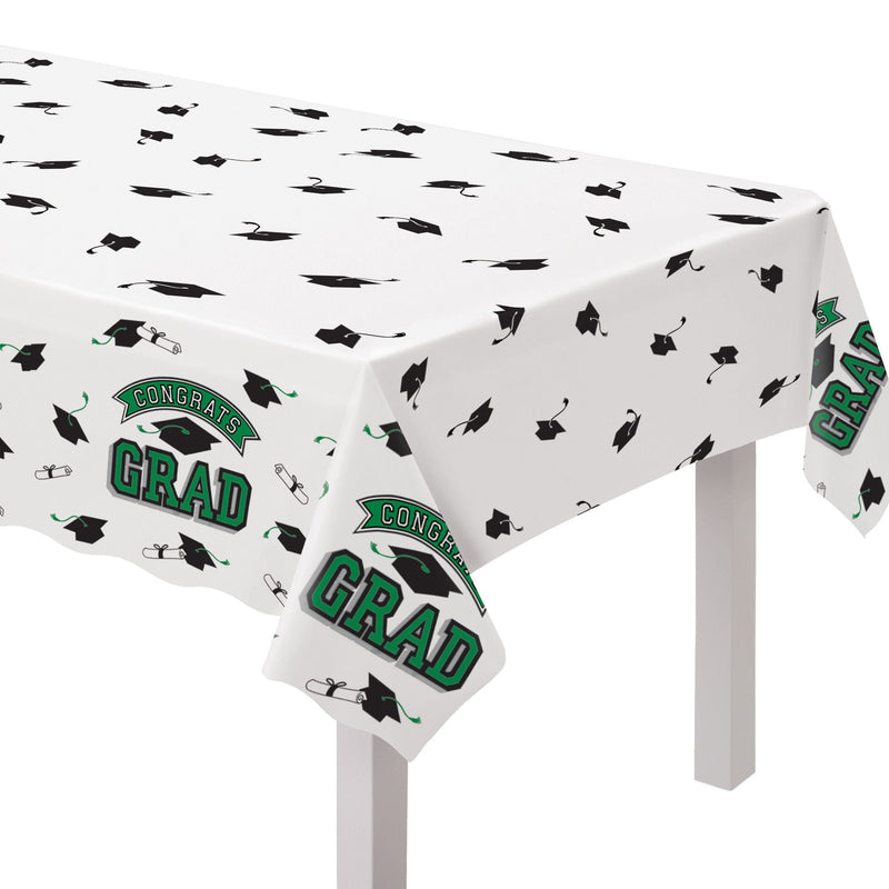 True to Your School "Congrats Grad" Rectangle Plastic Reusable Table Cover, Green, 54x84-in, for Graduation A9098