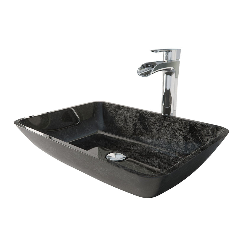 Glass Grey Onyx Bathroom Sink/Basin Set with Niko Faucet and Rectangular Vessel J2358