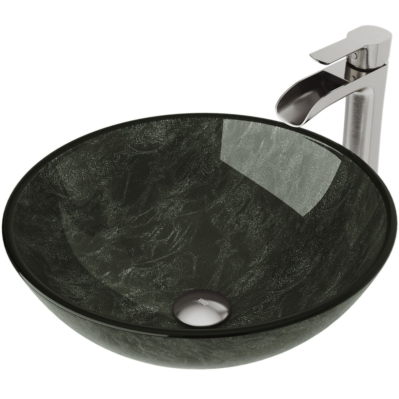 Glass Grey Onyx Bathroom Sink/Basin Set with Niko Faucet and Round Vessel Z2329