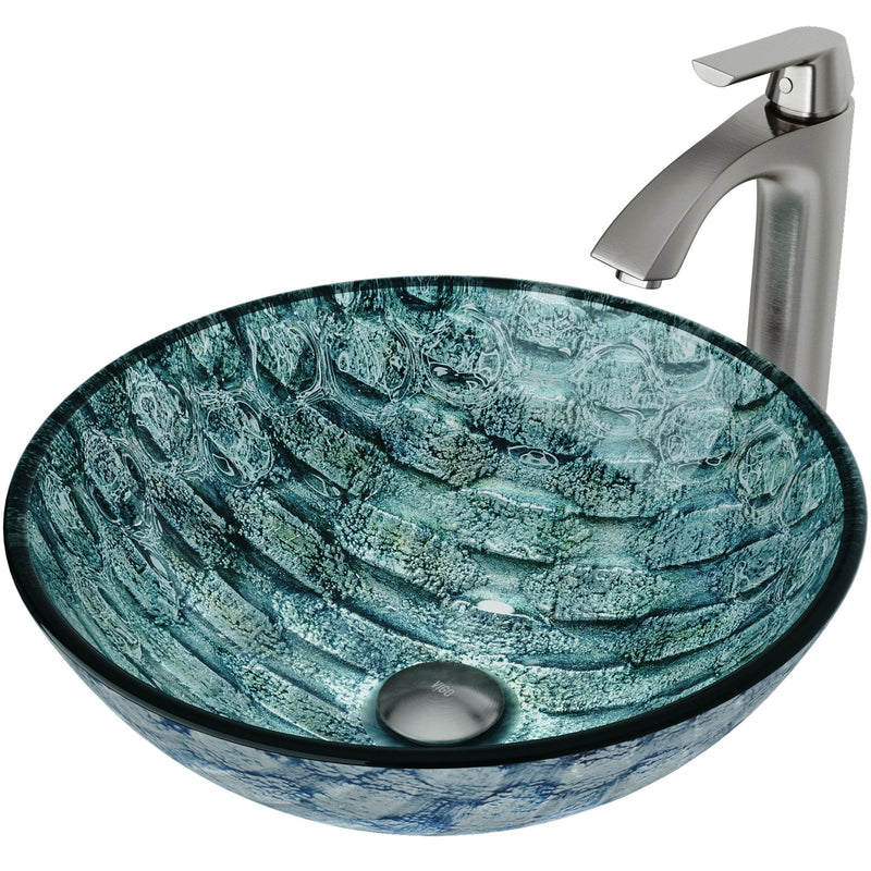 Glass Oceania Blue Bathroom Sink/Basin Set with Linus Faucet and Round Vessel F6633