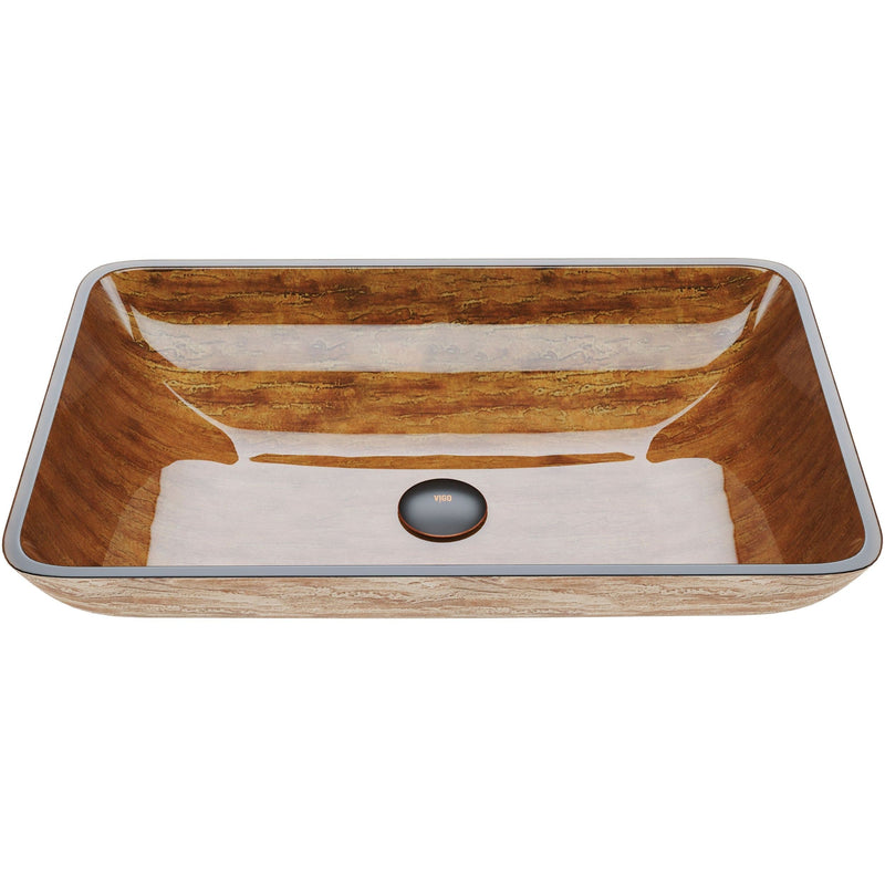 Glass Rectangular Vessel Bathroom Sink/Basin with Rounded Edges & Deep Bowl, Amber Sunset G8784