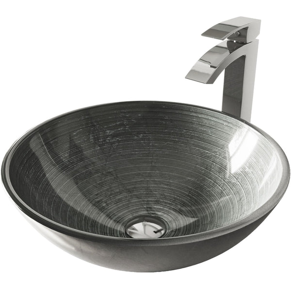 Glass Simply Silver Bathroom Sink/Basin Set with Chrome Duris Faucet and Round Vessel J6384