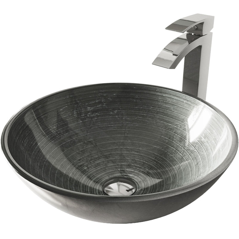 Glass Simply Silver Bathroom Sink/Basin Set with Chrome Duris Faucet and Round Vessel J6384