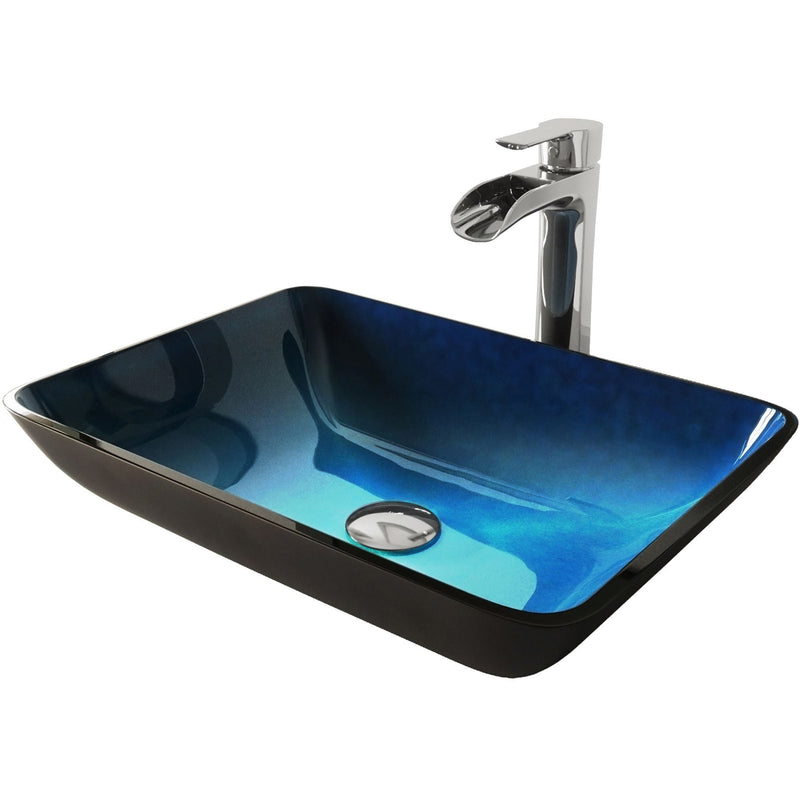 Glass Turquoise Water Bathroom Sink/Basin Set with Niko Faucet and Rectangular Vessel S2368