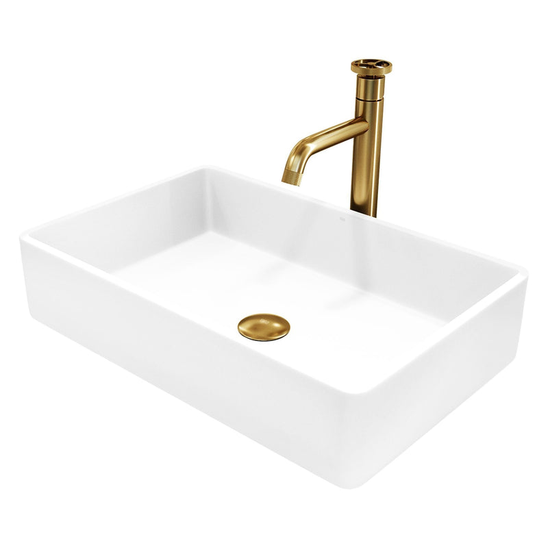 Magnolia White Bathroom Sink/Basin Set with Cass Faucet and Rectangular Composite Vessel Q0224