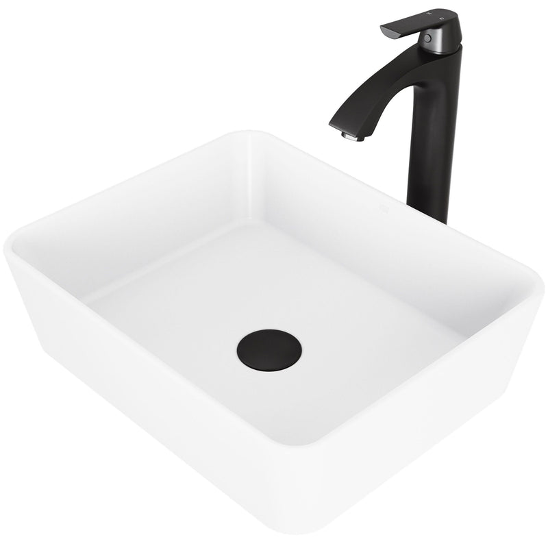 Marigold White Bathroom Sink/Basin Set with Matte Black Linus Faucet and Rectangular Composite Vessel V2103