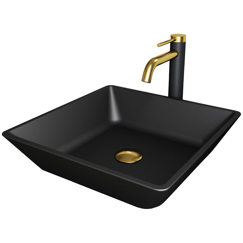 Roma Matte Black Bathroom Sink/Basin Set with Lexington Faucet and Glass Square Vessel Y8794