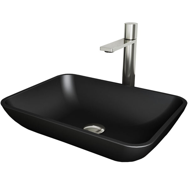 Sottile Matte Black Bathroom Sink/Basin Set with Gotham Faucet and Glass Rectangular Vessel F1357