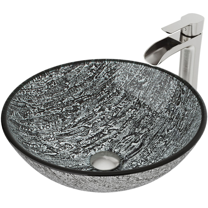 Titanium Glass Slate Grey Bathroom Sink/Basin Set with Niko Faucet and Round Vessel W8141